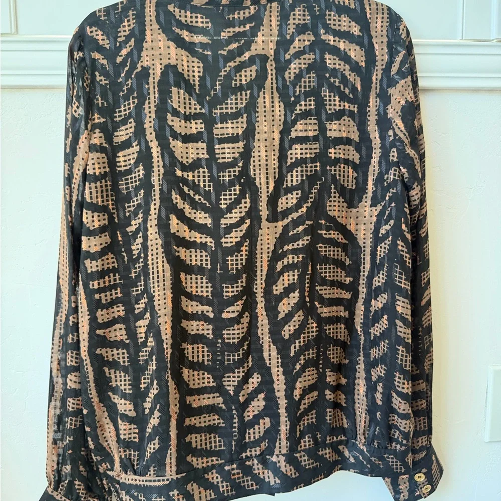 Tory Burch Silk Blend Printed Tie Neck Blouse Black Brown Size 12